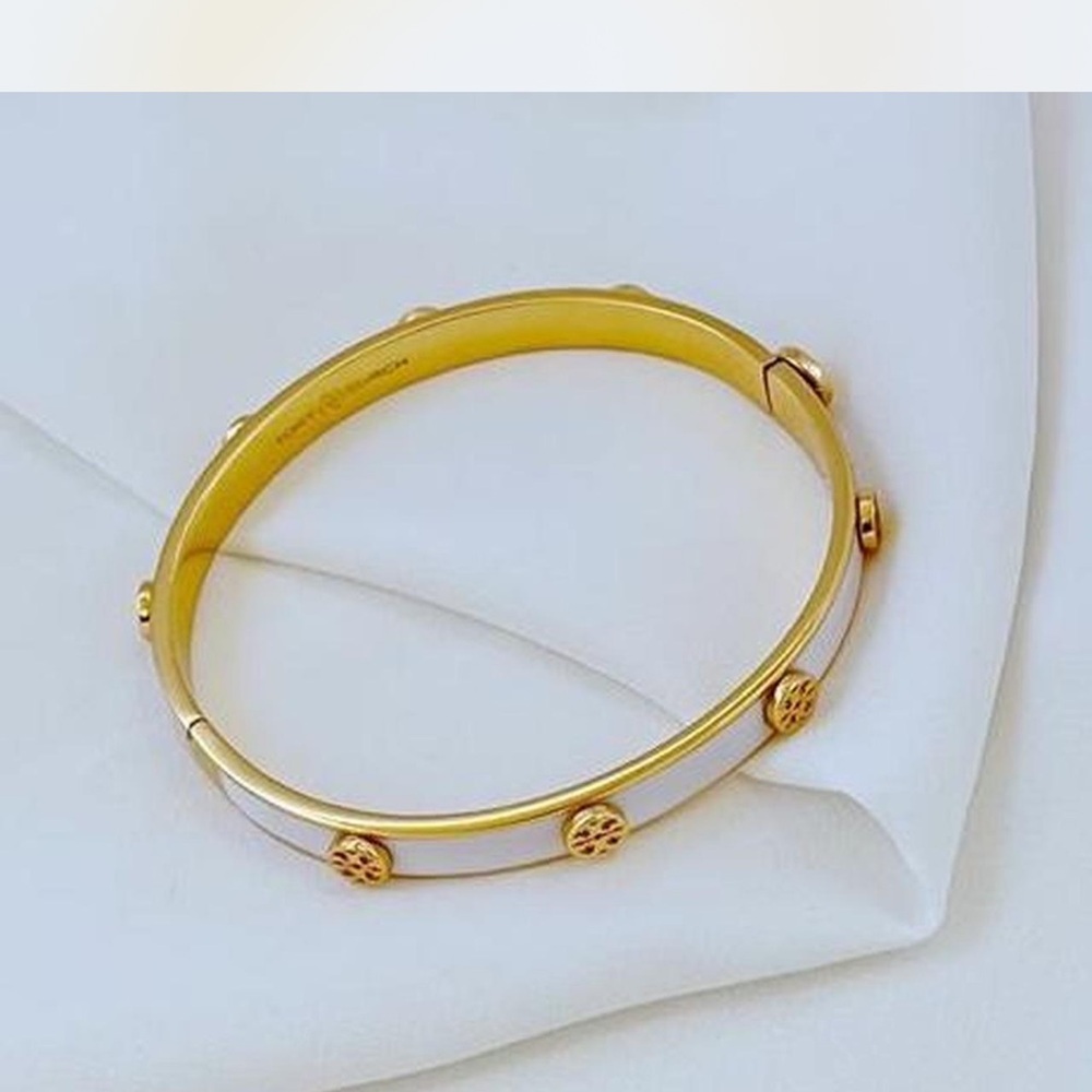 Tory Burch Yellow Gold Minimalist Bangle Bracelet with white color Stud Accents